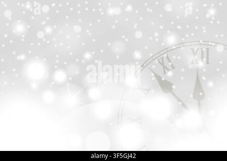 Silver New Year and Christmas concept with vintage clock in white style. Vector illustration Stock Vector