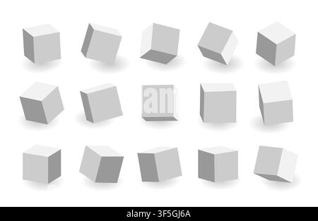 Grey 3D cubes pack isolated on white background. Different light, perspective and angle. Vector illustration Stock Vector