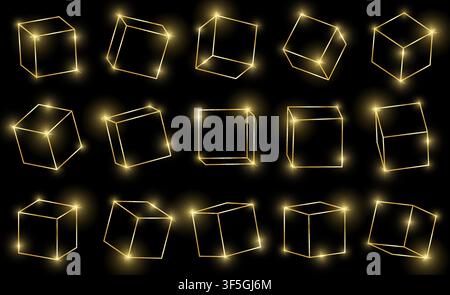 Golden shiny 3D cubes pack isolated on black background. Multiple gold cubes. Different light, perspective and angle. Glowing gold 3d frames set. Vect Stock Vector