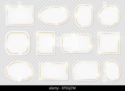 Gold shiny  vintage frames pack on white plates isolated on transparent background. Golden luxury realistic border set. Wedding, mothers or Valentines Stock Vector