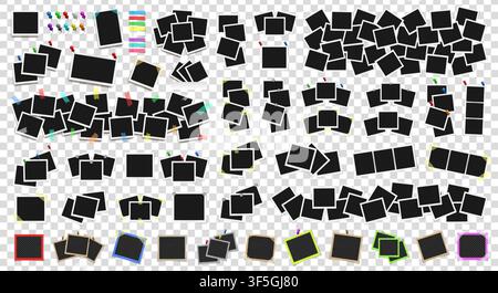 Mega pack of realistic vector photo frames on sticky tape, pins and rivets. Template photo design. Colored metal pins and paper stickers set. Isolated Stock Vector