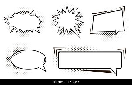 Pack of detailed empty comic speech bubbles. Black isolated on white background. Vintage art style graphic elements. Hand drawn text comics bubbles. V Stock Vector