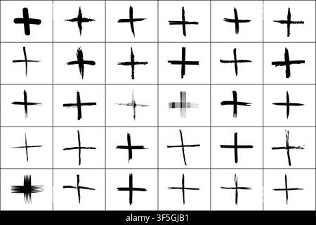 Plus symbols big collection. 30 hand drown sygns signs isolated on white background. Vector illustration Stock Vector