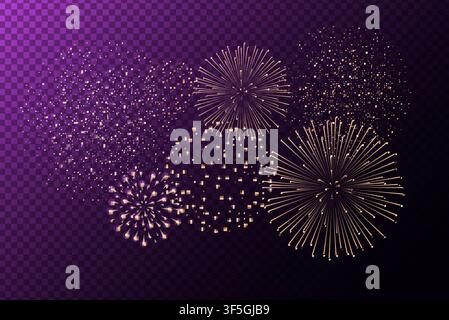 Fireworks isolated on purple transparent background. Independence day concept. Festive and holidays background. Vector illustration Stock Vector
