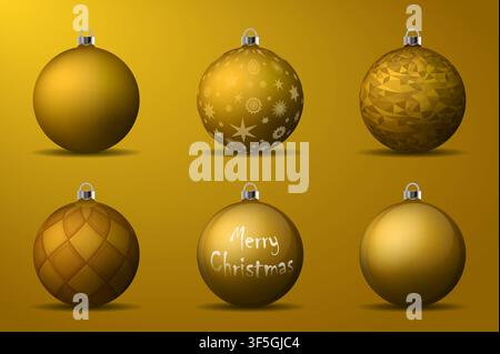 Gold christmas balls with silver holders. Set of isolated realistic decorations on yellow background. Vector illustrations Stock Vector