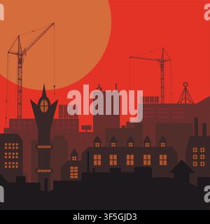 Industrial European vintage styled city under construction on orange sunset background. Vector illustration Stock Vector