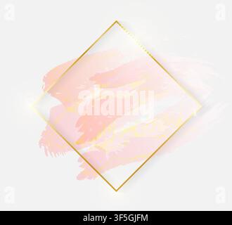 Gold shiny glowing rhombus frame with rose pastel brush strokes isolated on white background. Golden luxury line border for invitation, card, sale, fa Stock Vector