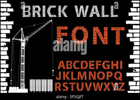 Orange decorative brick wall style font on building set black background. Vector illustration Stock Vector