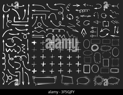Collection of white hand drawn arrows, frames, plus symbols and comic speech bubbles isolated on dark grey board. Simple, grunge, sketch, modern style Stock Vector