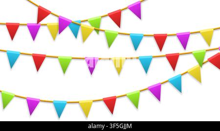 Colored garland flags isolated on white. Carnival, birthday, celebration, party, new year or festival concept. Vector illustration Stock Vector