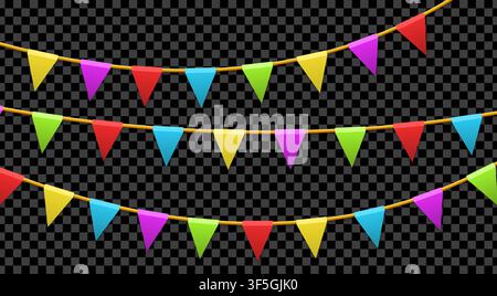 Colored garland flags isolated on transparent background. Carnival, birthday, celebration, party, new year or festival concept. Vector illustration Stock Vector