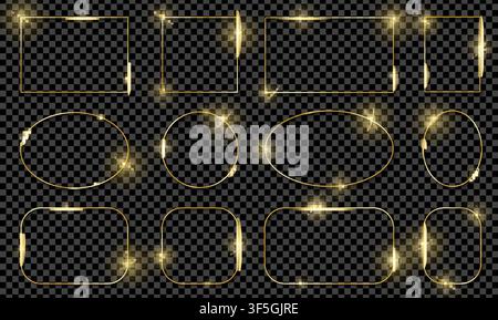 Gold shiny glowing frames set with shadows isolated on transparent background. Pack of luxury realistic square, round, oval borders. Vector illustrati Stock Vector