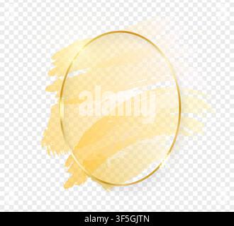 Gold shiny glowing oval frame with golden brush strokes isolated on transparent background. Golden luxury line border for invitation, card, sale, fash Stock Vector