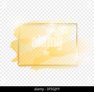 Gold shiny glowing rectangle frame with golden brush strokes isolated on transparent background. Golden luxury line border for invitation, card, sale, Stock Vector