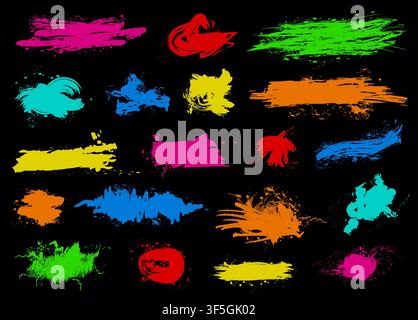 Colored ink splash spots big set isolated on black background. Art brushes pack. Vector illustration Stock Vector