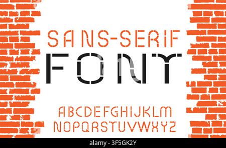 Orange sans-serif modern font on old brick wall background. Vector illustration Stock Vector