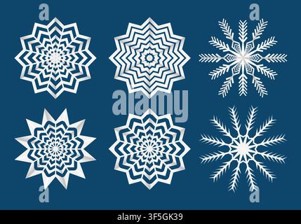 White paper cuted Christmas snowflakes pack isolated on blue background. Vector illustration Stock Vector
