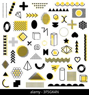 Mega pack of black and yellow geometric shapes isolated on white background. Memphis design graphic unique elements. Retro and modern simple objects f Stock Vector