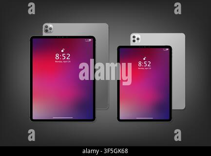 Realistic big and smile new tablet computer mockup design with abstract colored geometric wallpaper. Modern tablet PC isolated on dark grey background Stock Vector