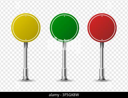 Realistic round traffic signs on metal steel pole isolated. Diffrent road panels mockup - board text, city location. stop, danger, warning signage. Ve Stock Vector