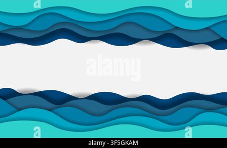 Blue water waves layered art paper card. 3D origami design. Vector illustration Stock Vector