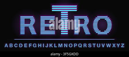 80's and 90's retro neon light style glowing line font. Sci-Fi Universe alphabet. Screen vintage TV glitch VHS effect. Vector illustration Stock Vector