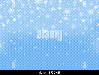 Realistic falling snow isolated on blue sky transparent background. Winter sky pattern. White snowfall texture. New year and Xmas concept. Snowflake e Stock Vector