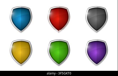 Realistic shining shield icon pack isolated on white background: blue, red, grey, yellow, green, violet. Defense, safety, privacy, security, safeguard Stock Vector