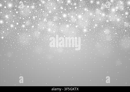 Winter glowing silver background of falling snow. Christmas and New Year card design. Realistic detailed snow fall abstract. Snowstorm, blizzard conce Stock Vector