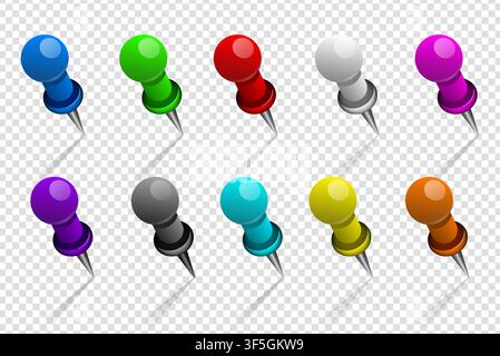 Set of realistic color metal pins whith shadow isolated on white. Vector illustration Stock Vector