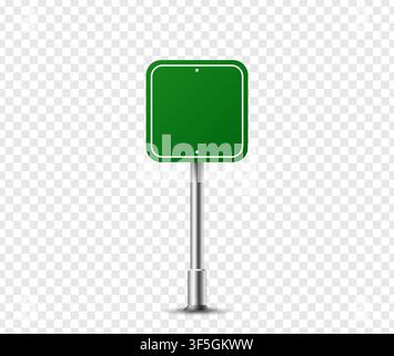 Realistic square traffic sign on metal steel pole isolated. Green road panel mockup - direction highway, board text, city location, street arrow, stop Stock Vector