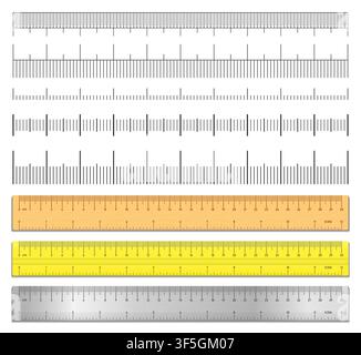 Realistic tape rulers and scale measure set isolated on white background. Plastic, metal and wooden double sided measurement in cm and inches. Length Stock Vector
