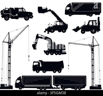 Construction equipment: trucks, excavator, bulldozer, elevator, cranes. Detailed silhouettes of construction machines isolated on white. Vector illust Stock Vector
