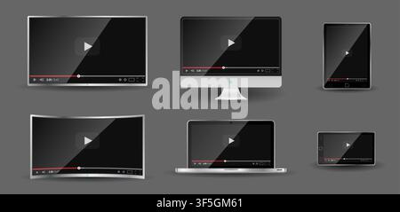 Realistic modern digital devices isolated on grey background. PC, TV, smartphone, laptop, tablet. Classic video player template on screen. Online vide Stock Vector