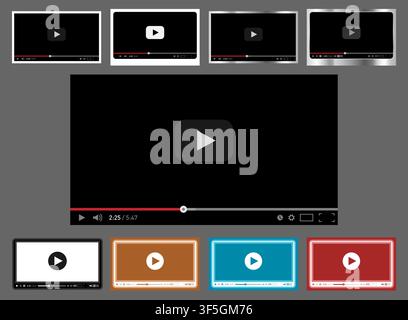 Pack of 9 in 1 video player templates for web and mobile apps flat style. Vector illustration Stock Vector