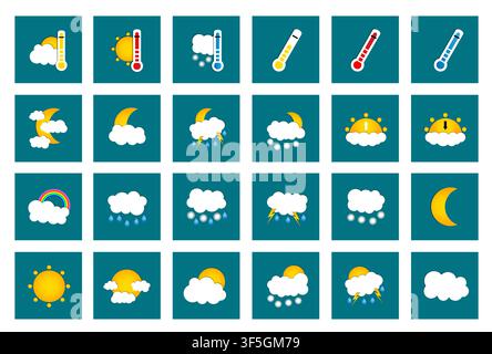 Set of 24 vector weather square colored window style flat icons on turquoise background. Vector illustration Stock Vector