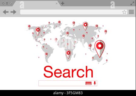 Flat style browser search engine. World map with pins. Vector stock illustration Stock Vector
