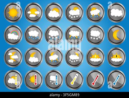 Set of 24 vector weather realistic metallic chrome flat round icons on sky background. Vector illustration Stock Vector
