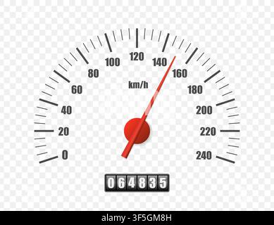 Realistic speedometer isolated on transparent background. Sport car odometer with motor miles measuring scale. Racing speed counter. Engine power conc Stock Vector