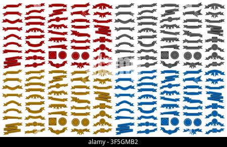 Mega pack of retro embroidered red, black, golden and blue ribbons and stumps isolated on white background. Can be used for banner, award, sale, icon, Stock Vector