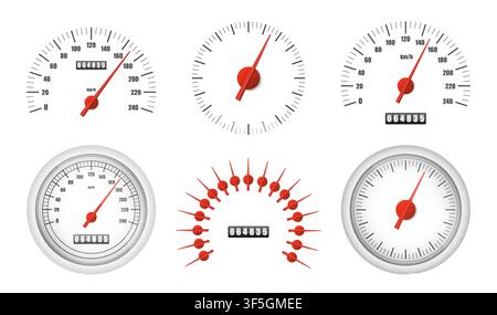 Realistic speedometer pack isolated on white background. Sport car odometer with motor miles measuring scale. Racing speed counter. Engine power conce Stock Vector