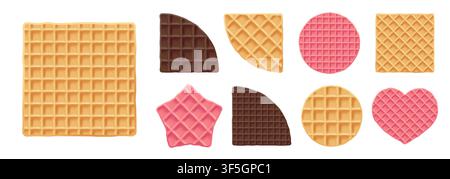 Waffle pink round biscuit for belgian dessert, tasty wafer texture icon. Square beige stroopwafel and star relief baked food, brown baked pattern. Iso Stock Vector