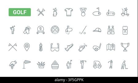 Golf themed sports symbols featuring clubs, ball, flag, cart, trophy, apparel and course elements for recreation, competition and training visuals black line icons set vector illustration Stock Vector