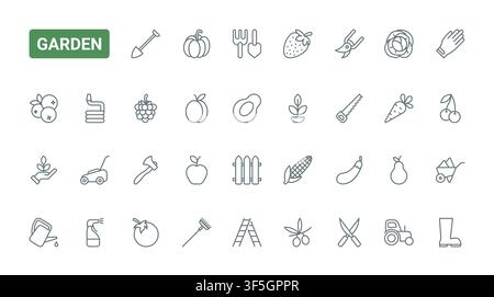 Garden themed symbols showing tools, fruits, vegetables and plant care for farming, harvesting and home growing projects in a clean editable style black line icons set vector illustration Stock Vector