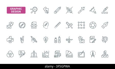 Graphic design tools and creative workflow symbols for editing, drawing, printing and visual branding across digital and print production red black line icons set vector illustration Stock Vector