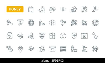 Honey and beekeeping themed symbols showing apiary tools, bees, hive products, pollination, jars and organic farm production for food and nature branding black line icons set vector illustration Stock Vector