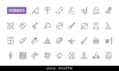 Creative hobbies and leisure activity symbols featuring sports, music, crafts, games, travel and home pastimes for lifestyle design projects black line icons set vector illustration Stock Vector