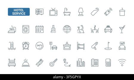 Hospitality amenities and guest services for hotel accommodation, travel comfort, room facilities, dining, transport and reception support black line icons set vector illustration Stock Vector