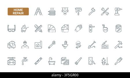 Home repair and renovation symbols covering tools, plumbing, painting, electrical work, construction, cleaning and household maintenance tasks black line icons set vector illustration Stock Vector