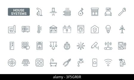 Home systems symbols covering lighting, heating, cooling, security, energy, plumbing and appliance control for residential automation interfaces black line icons set vector illustration Stock Vector
